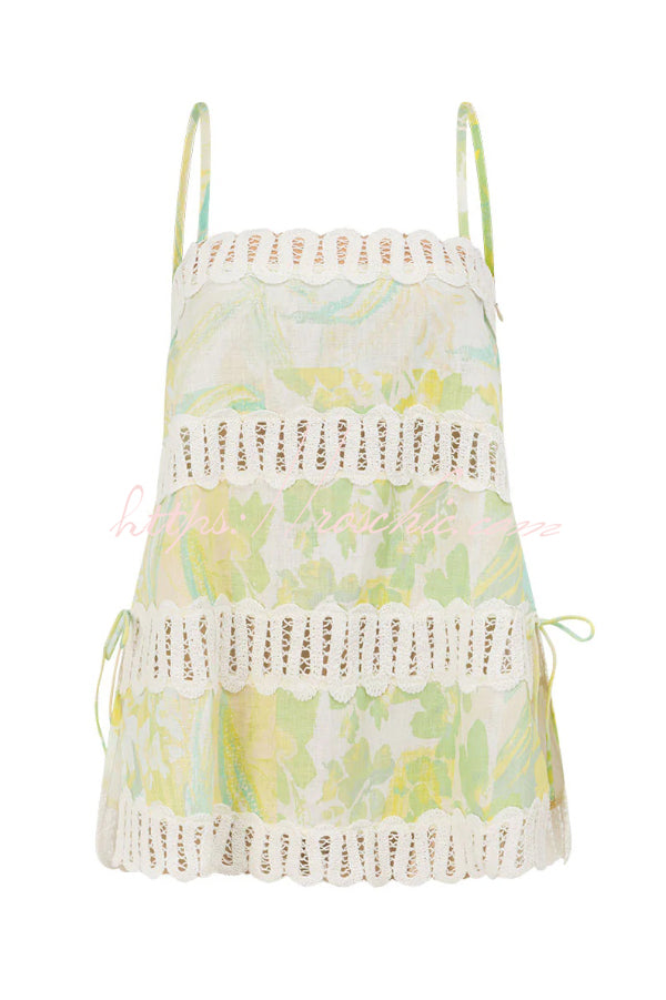 Summer Elegant Printed Curved Crochet Trim Camisole Top and Elastic Waist Casual Pocket Wide-leg Pants Set