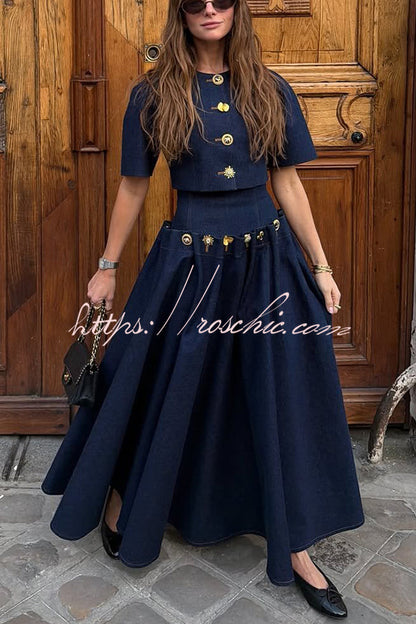 Custom Look Denim Unique Metal Pattern Buttons Slit Half Sleeve Crop Jacket