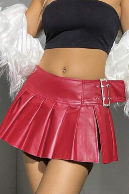 PU Leather Pleated High Waist Skirt