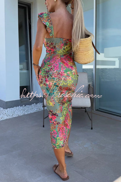 Elegant Floral Print Square Neckline Slim-fit Slit Midi Dress