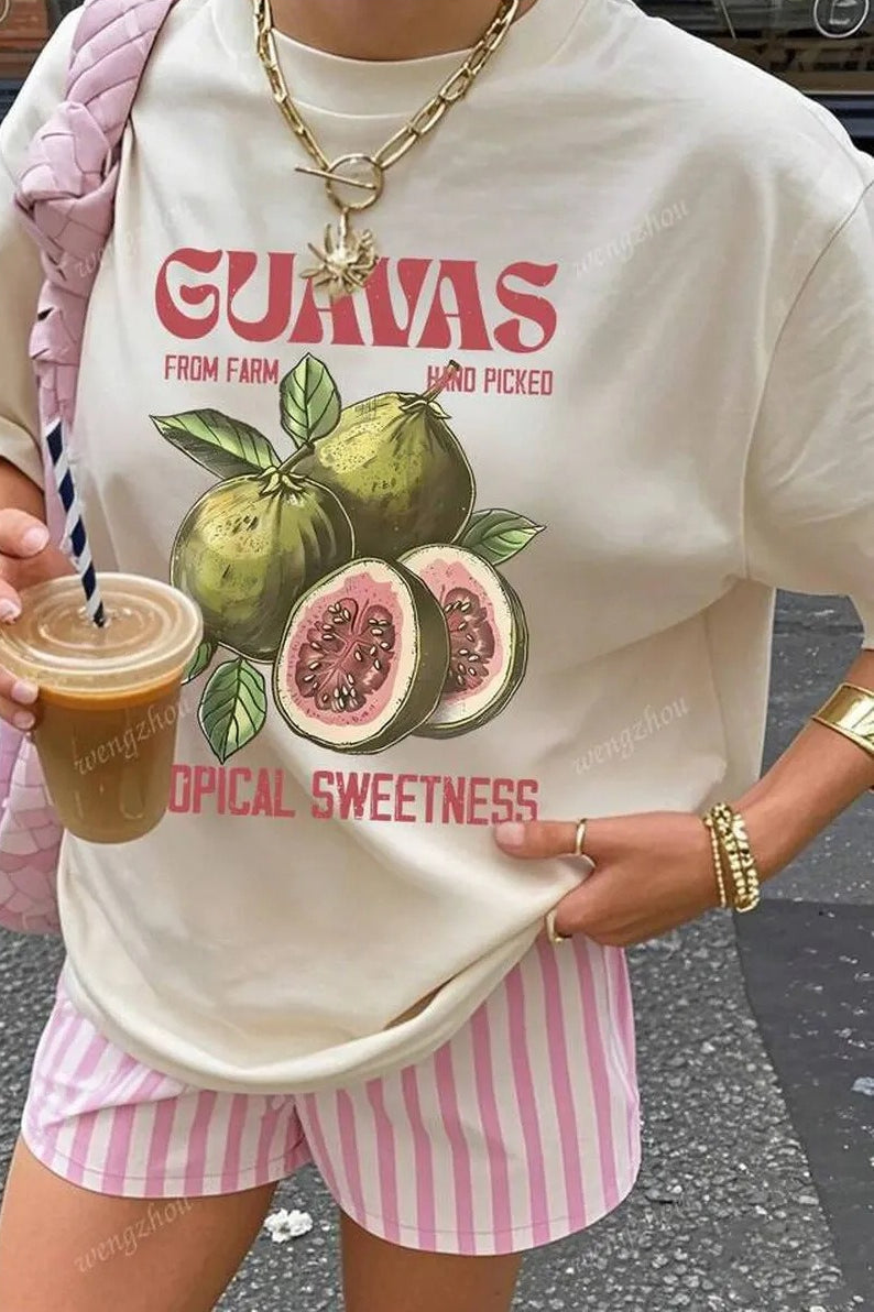 Camiseta Suelta Casual de Algodón con Estampado de Frutas