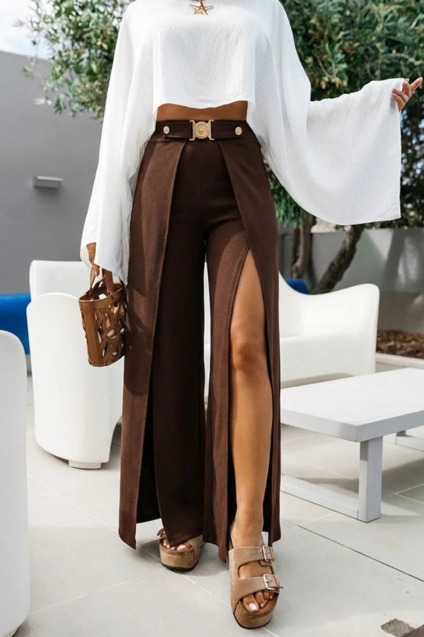 Mezcal High Rise Metal Buckle Elastic Waist Belt Slit Wide Leg Pants