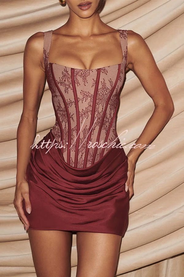 Cornelia Floral Lace Contrast Structural Detail Back Lace-up Satin Hem Mini Dress
