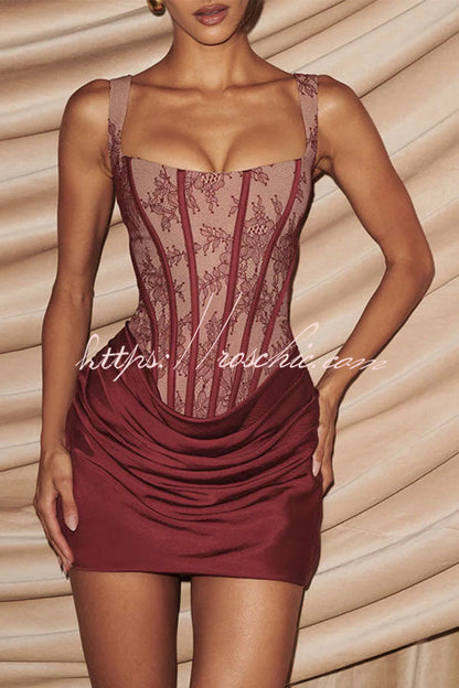 Cornelia Floral Lace Contrast Structural Detail Back Lace-up Satin Hem Mini Dress