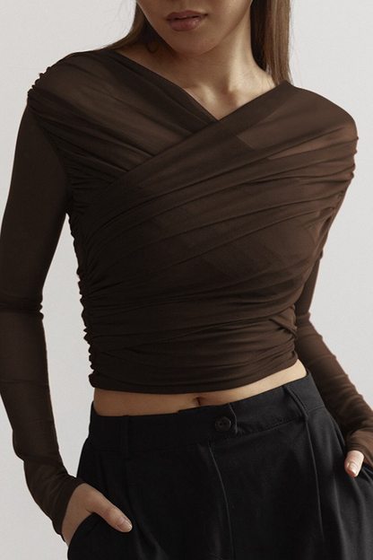 Solid Mesh Ruched  Long Sleeve Crop Top