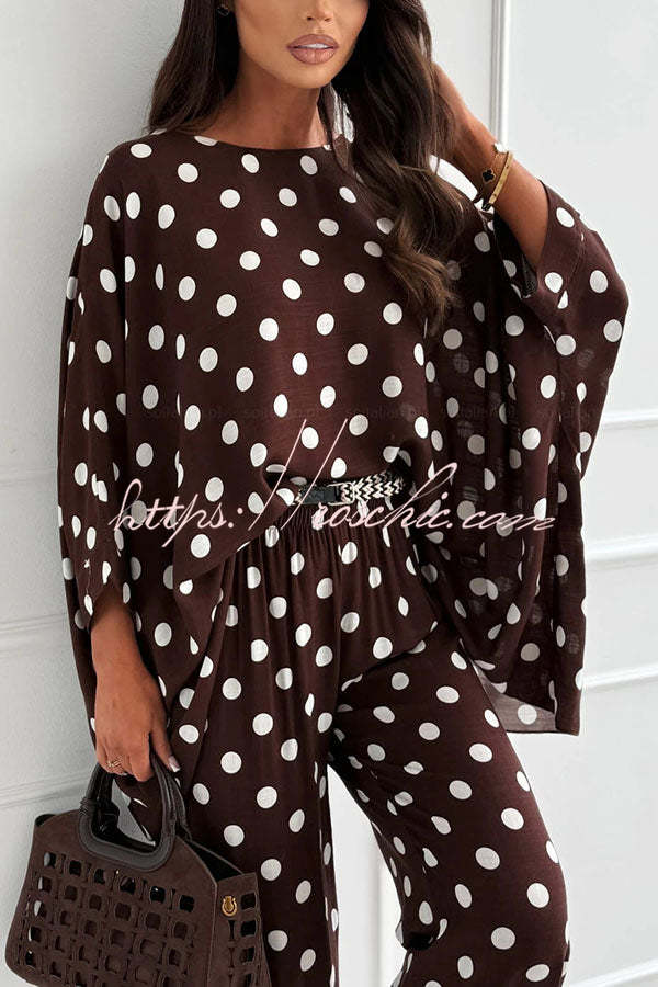 Verne Linen Blend Polka Dot Batwing Sleeve Top and Elastic Waist Pocket Loose Pants Set