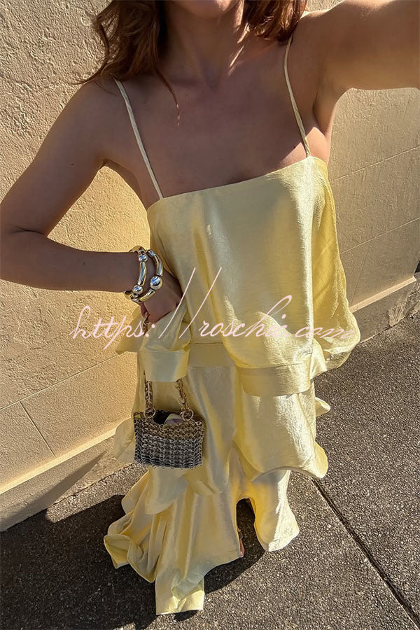 Soft and Smooth Satin Tiered Slip Square Neck A-line Maxi Dress
