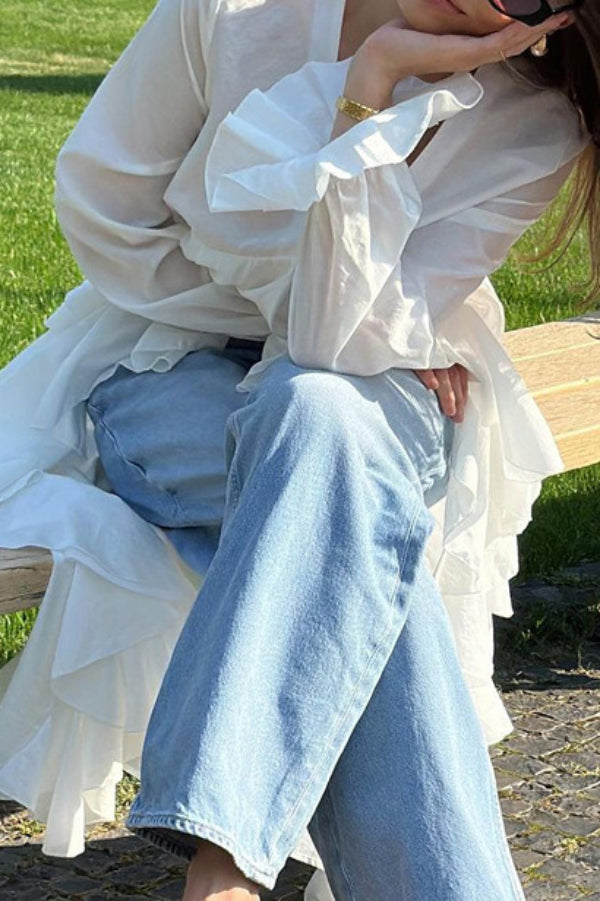Solid Color V-neck Long-sleeved Ruffled Hem Long Shirt Top