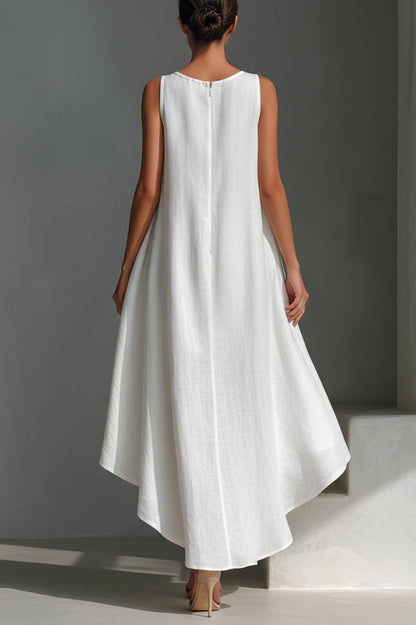 Linen Blend Solid Color Sleeveless Round Neck Irregular Casual Maxi Dress