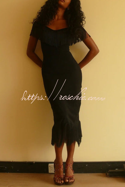 Solid Color V-neck Off-shoulder Slim-fit Tassel Midi Dress