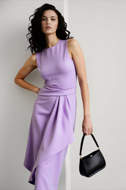 Solid Waisted Sleeveless Asymmetrical Long Work Dress