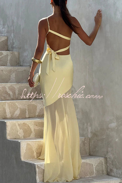 Fable Satin One Shoulder Back Adjustable Straps Contrast Chiffon Hem Maxi Dress