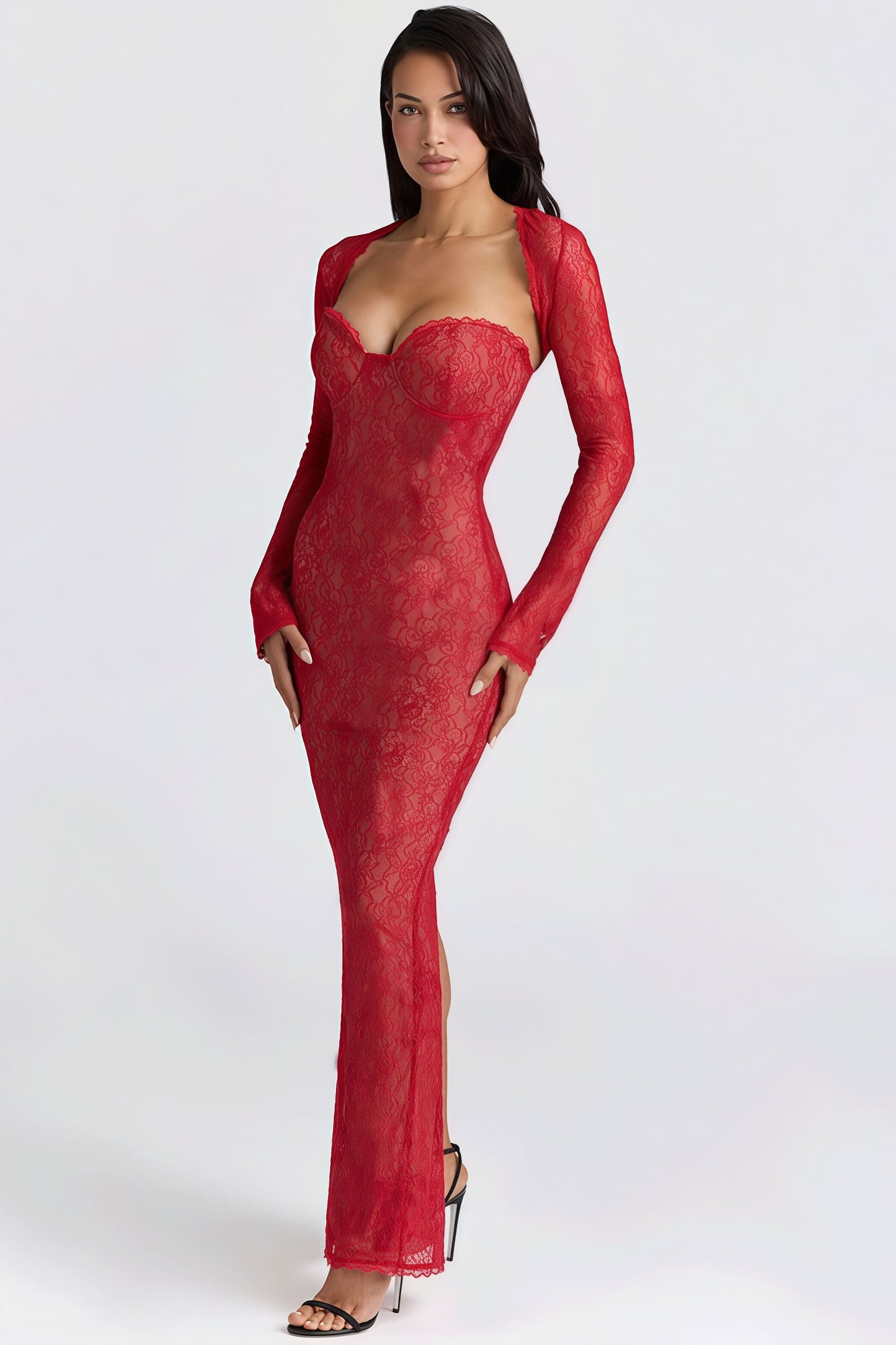 Vestido largo con hombros descubiertos, chal de encaje transparente sexy