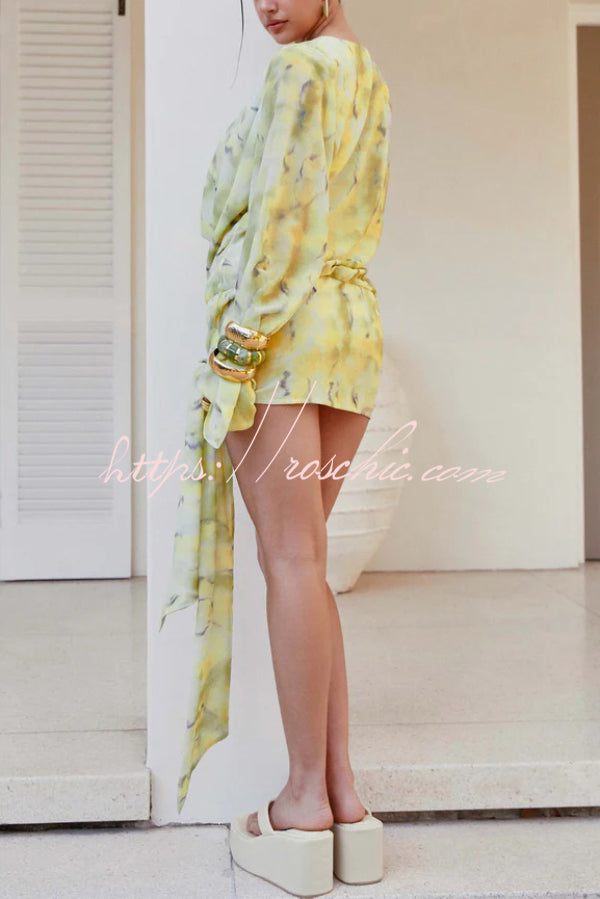 Tie-dye Print V-neck Long-sleeved Ribbon Vacation Mini Dress
