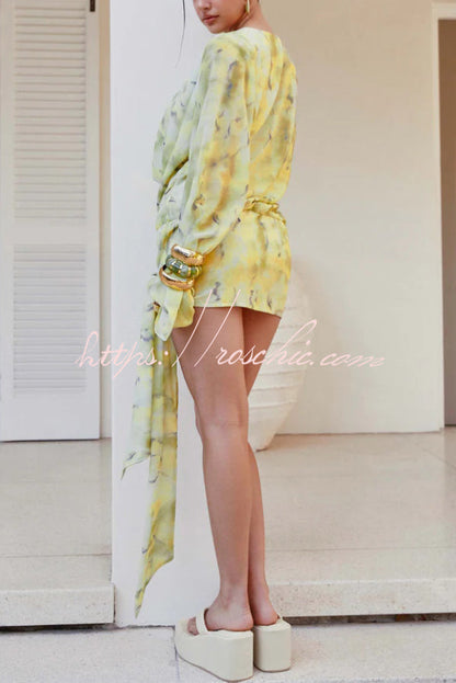 Tie-dye Print V-neck Long-sleeved Ribbon Vacation Mini Dress