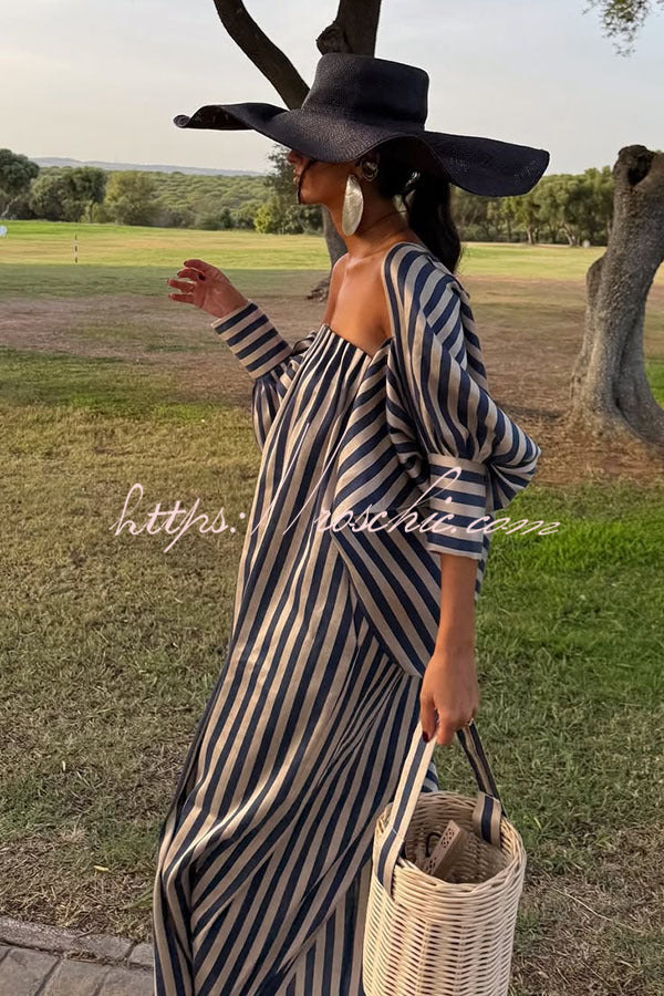 Berry Satin-Striped Detachable Balloon Sleeve Jacket Strapless Maxi Dress