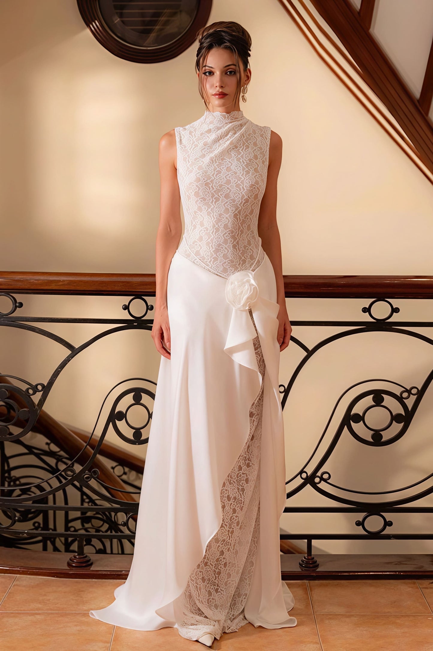 Vestido de recepción sin mangas con cuello alto y encaje de flores
