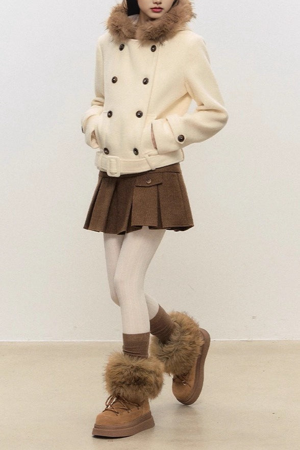 Double Breasted Hooded Waist Cinched Thickened Wool Coat