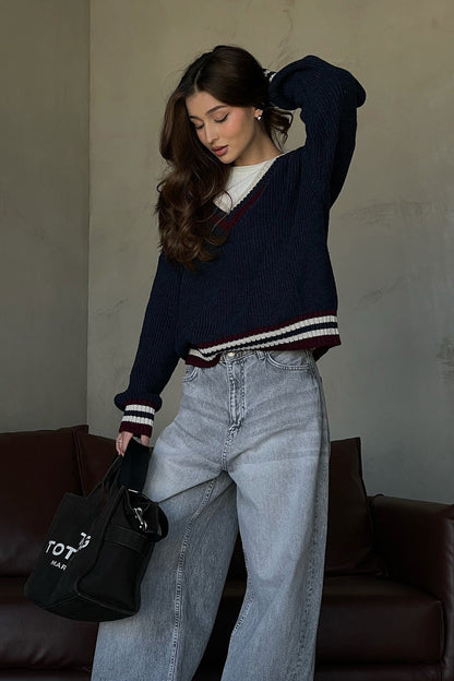 Striped Contrast V Neck Loose Long Sleeve Sweater