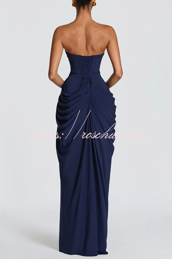 Cyra Back Lace-up Asymmetrical Pleats Strapless Slit Maxi Dress（Buy 2 Get Free Shipping）
