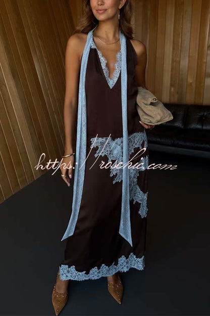 Sunday Social Contrast Color Satin Lace Trim Neck Strap Loose Tank (Shipped Within 24 Hours)