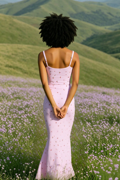 Ribbed Cherry Bodycon Maxi Floral Dress