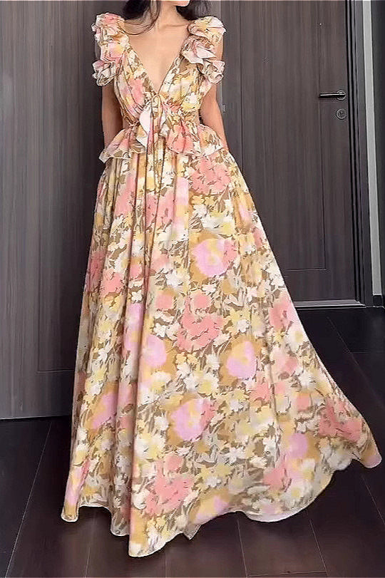 Ruffled V Neck Sleeveless Slim  Fit Floral Dress