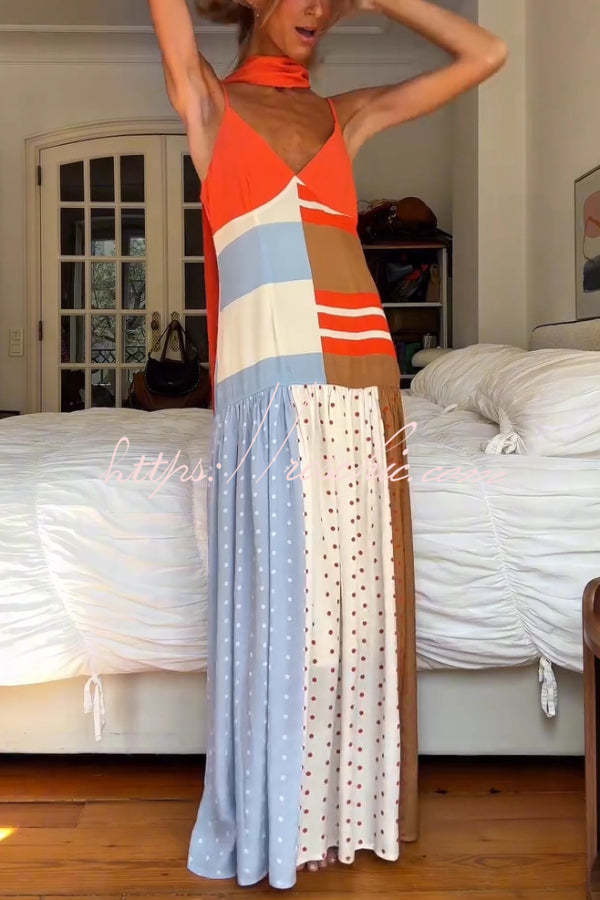 Vibrant Touch Color-blocked Polka Dot Print Slip Pleated Hem Maxi Dress