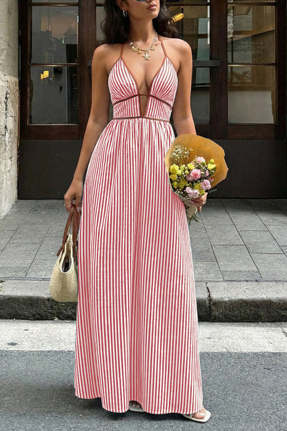 Striped Print V-Neck Sleeveless Backless Holiday Maxi Dress