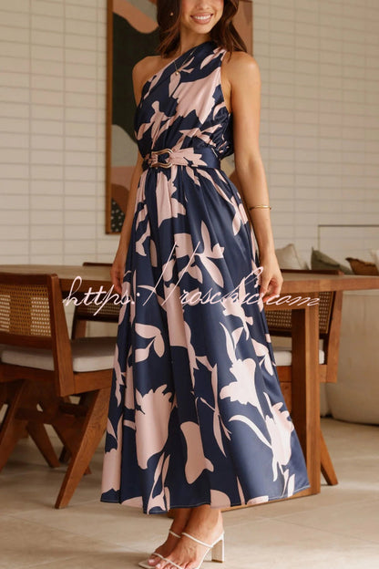 Unique Printed One-Shoulder Belt Casual Holiday Maxi Dress