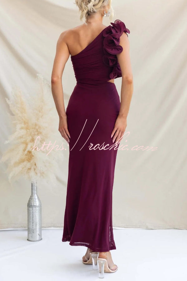 Fashionable Mesh Sleeveless One-shoulder Waist-revealing Maxi Dress