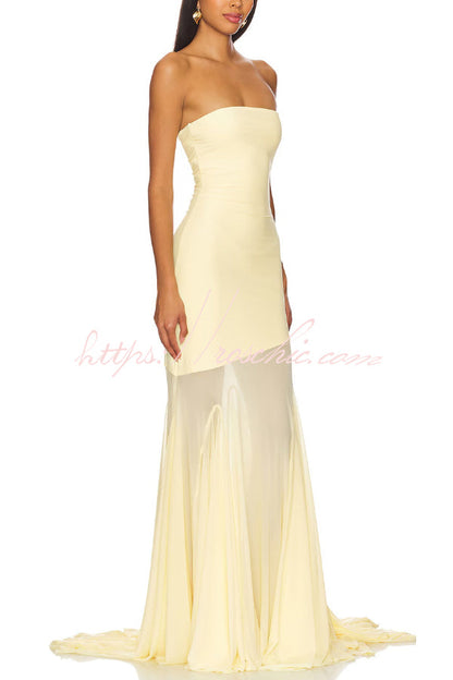 Solid Color Sleeveless Off-shoulder Mesh-paneled Fitted Maxi Dress