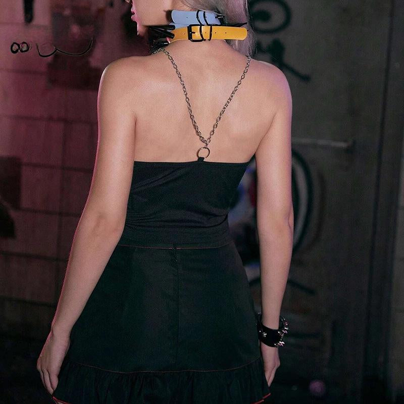 Mysterious  Chain Black Cross Print Black Crop Top