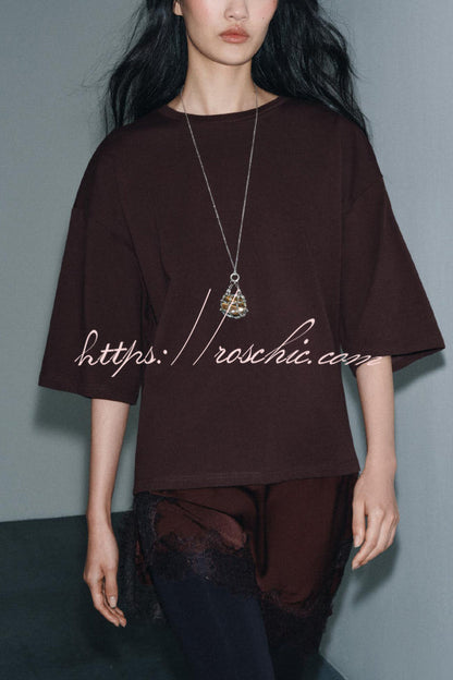 Stylish Round Neck Short-sleeved Patchwork Lace Hem Loose T-shirt