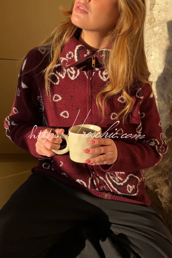 Fashionable Jacquard Turtleneck Long-sleeved Casual Zip-up Pocket Knit Top