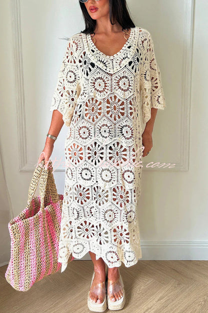 Fashionable Openwork Crochet Loose Round Neck Casual Midi Dress