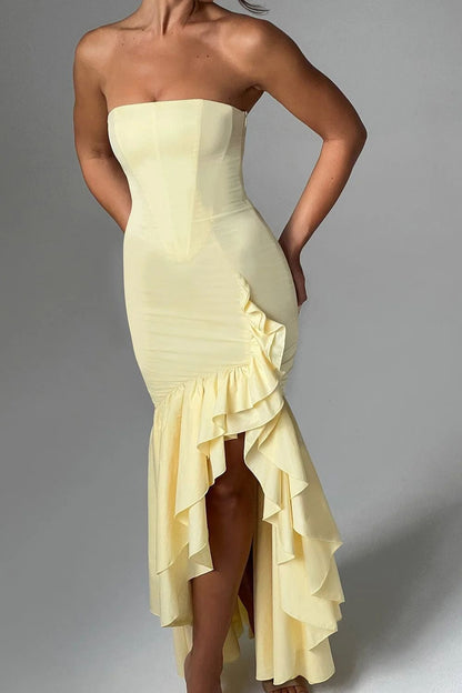 Elegant Strapless Slit Backless Maxi Birthday Dress