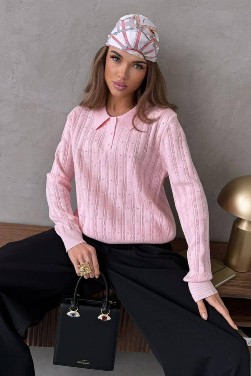 Blusa holgada de manga larga con cuello polo jacquard