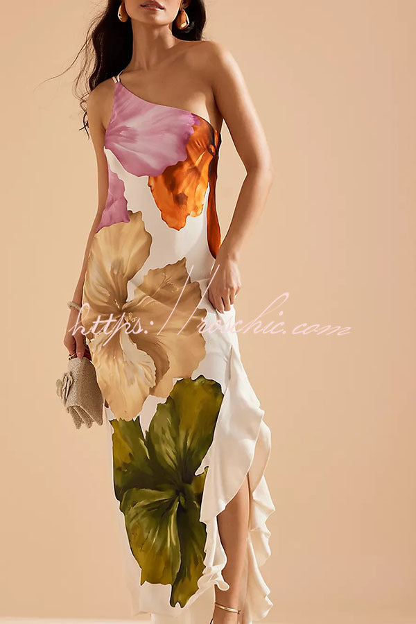 Love Filled Floral Print One Shoulder Side Ruffles Maxi Slip Dress