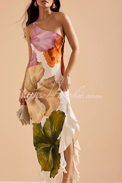 Love Filled Floral Print One Shoulder Side Ruffles Maxi Slip Dress