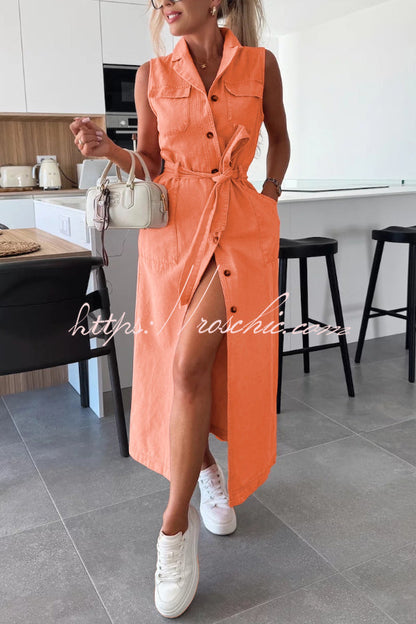 Solid Color Sleeveless Single Breasted Waist Tie Casual Pocket Denim Midi Dress