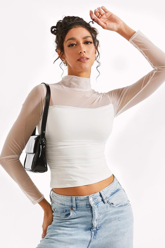 Solid Mock Neck Mesh Paneled  Crop Top