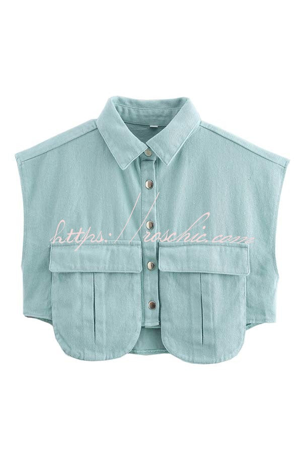 Stylish Weekend Denim Button Up Cape Sleeve Pocket Crop Top