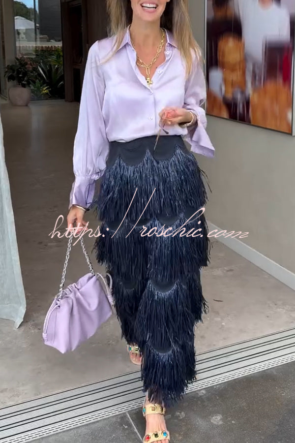 Freestyle Dance Steps Layered Tassels High Rise Back Zipper Slit Maxi Skirt