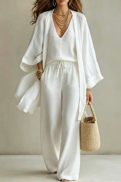 Linen Blend Solid Color Loose Cardigan V-neck Sleeveless Vest and Elastic Waist Pocket Straight Leg Pants Three-piece Set