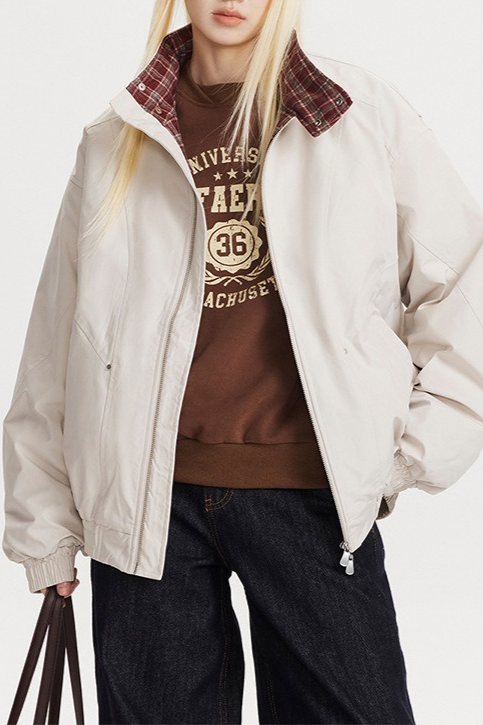 Chaqueta cálida holgada con cuello alto y paneles a cuadros vintage
