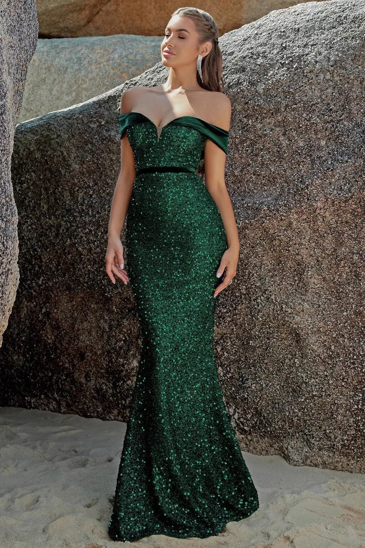 Vestido de Noche Formal con Lentejuelas, Hombros al Descubierto y Abertura