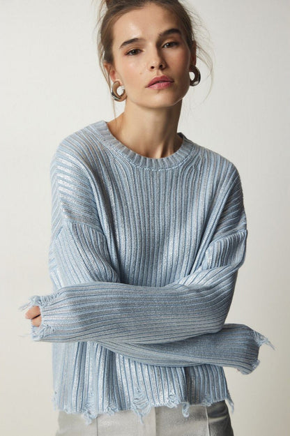 Solid Simple Silver Foil Loose Slim Long Sleeve Sweater