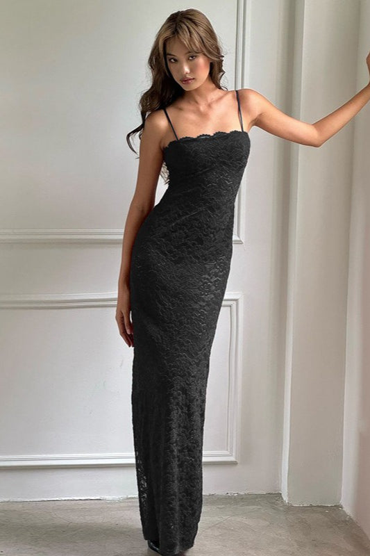 Vestido Maxi Delgado Sexy con Recortes de Encaje y Tirantes Finos