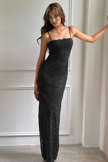 Vestido Maxi Delgado Sexy con Recortes de Encaje y Tirantes Finos